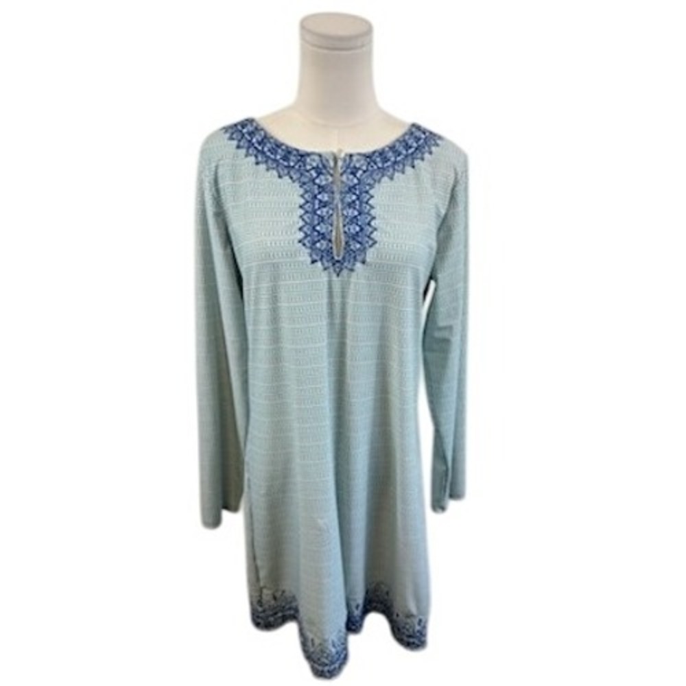 Cabana‎ Life Women's Blue White Tunic Dress Long Sleeve Swim Size Large